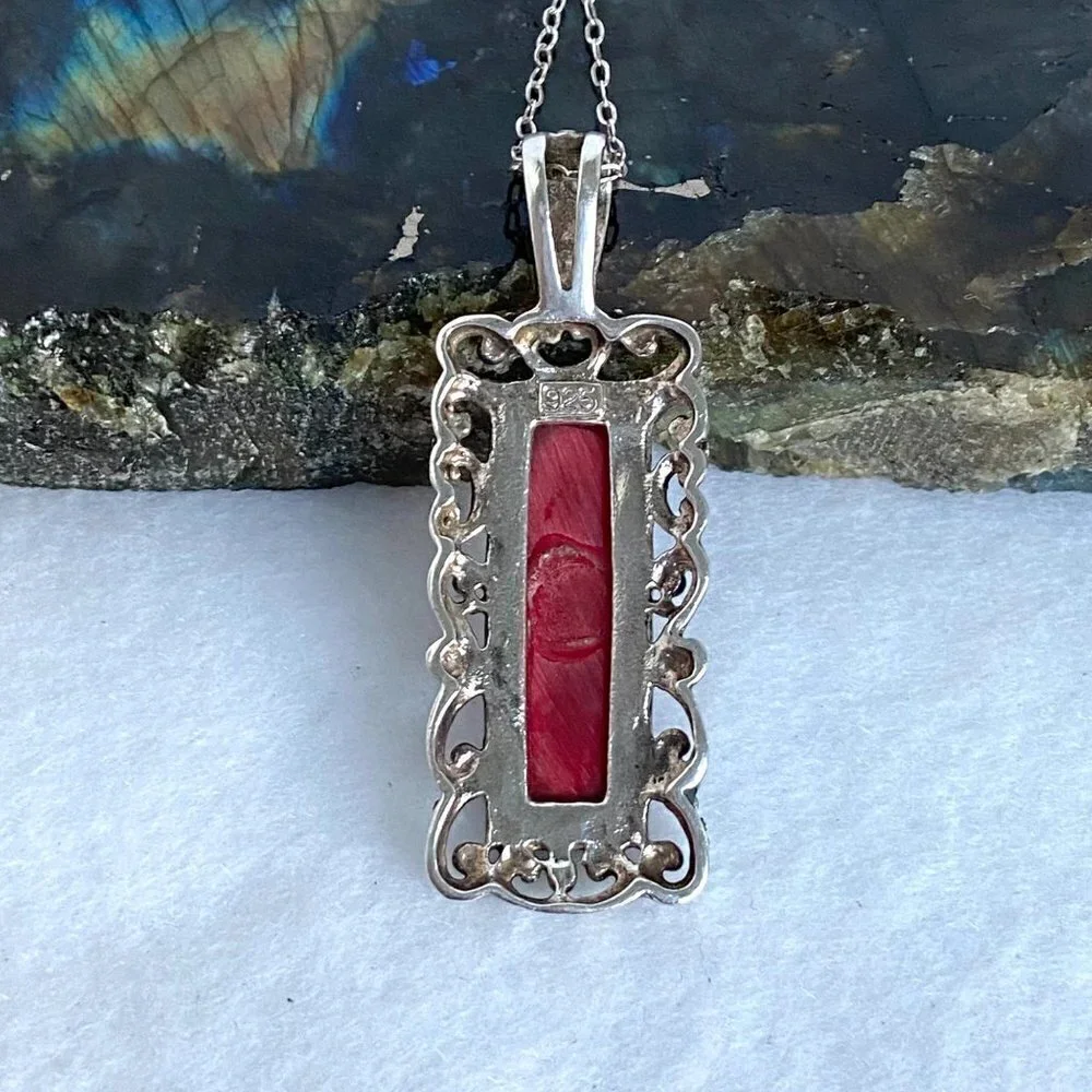 Sterling Silver 925 Faux Red Coral Rectangular Scrollwork Pendant Necklace 20